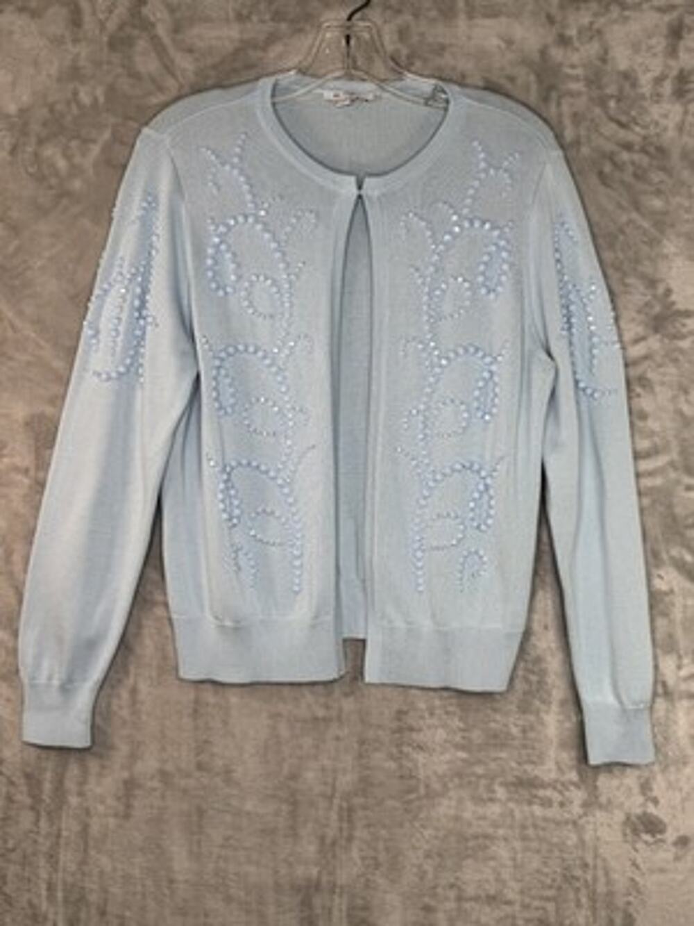 Chico's Cardigan Sweater Womens Medium Blue Beaded Embellished Open Front Knit